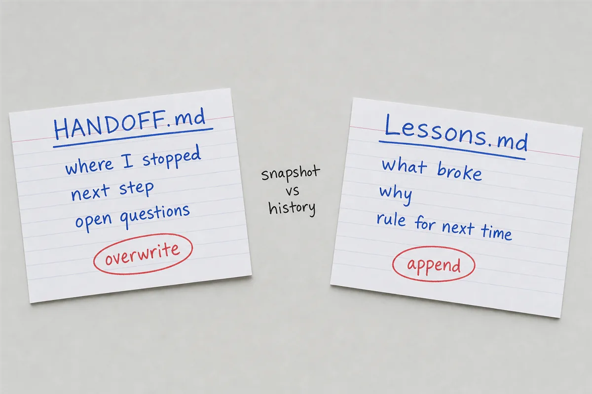 덮어쓰는 HANDOFF.md와 쌓아가는 Lessons.md의 역할을 인덱스카드 두 장에 적어 비교한 모습