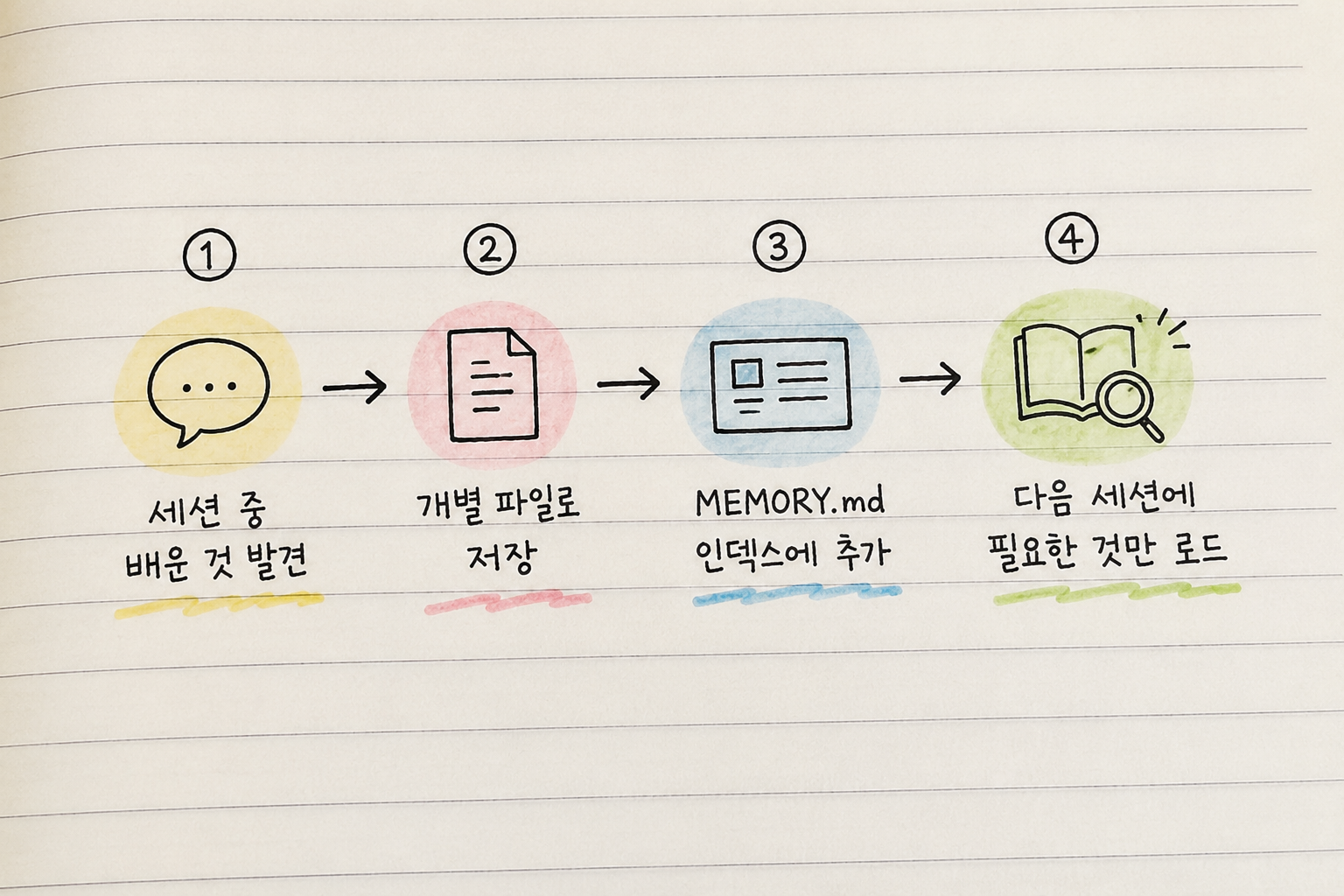 세션에서 배운 것이 저장되고 MEMORY.md 인덱스를 거쳐 다음 세션에 로드되는 흐름