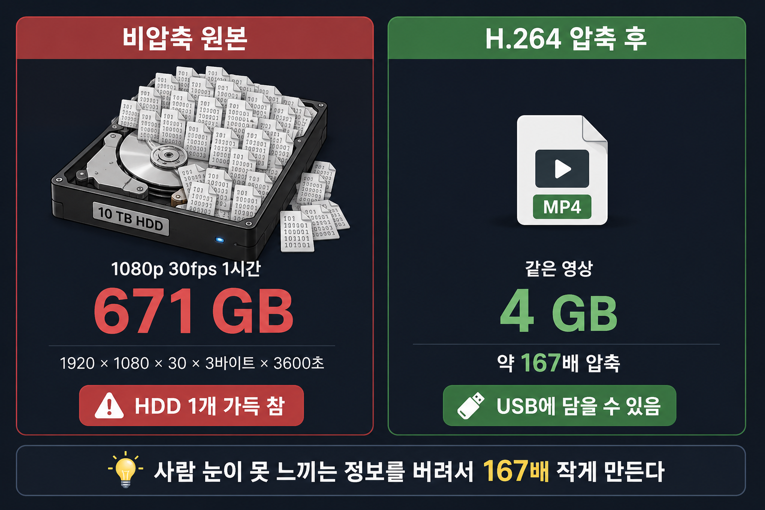 비압축 671 GB vs H.264 압축 후 4 GB 용량 비교
