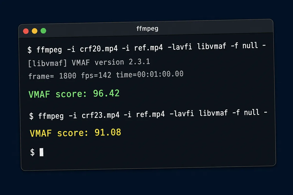 ffmpeg libvmaf로 CRF 20과 23의 VMAF 점수를 측정한 터미널 화면