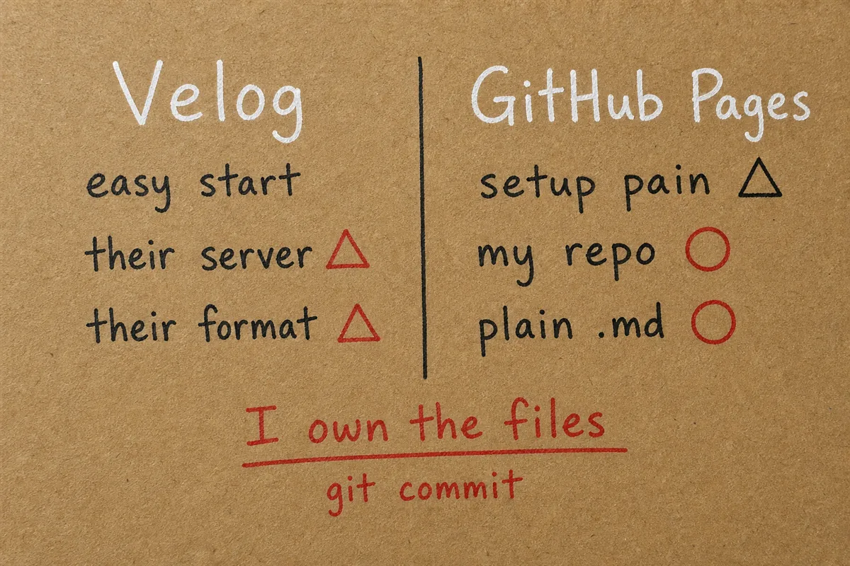 Velog와 GitHub Pages를 비교해 크라프트 노트에 손으로 적은 메모