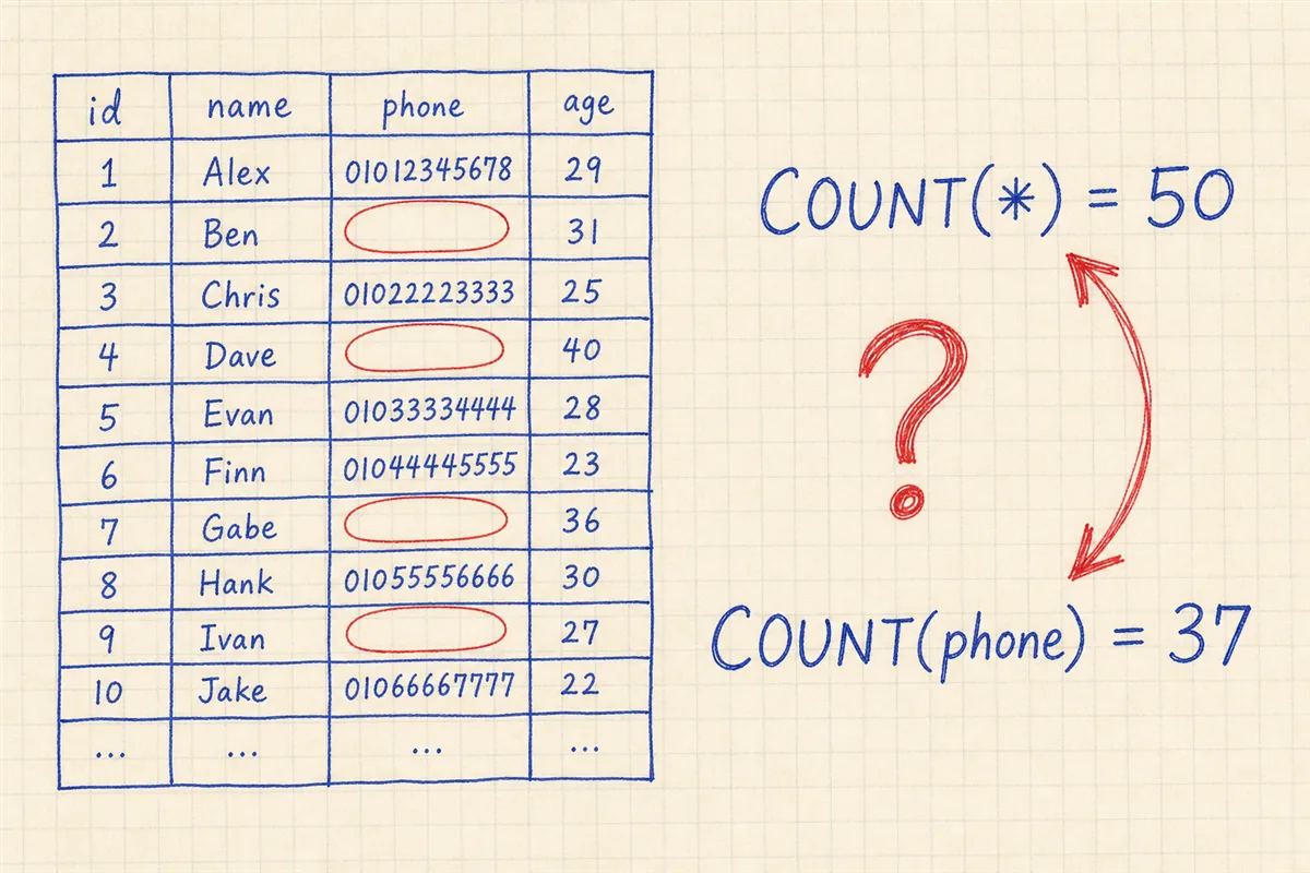 전화번호가 빈 행을 표시하고 COUNT(*)와 COUNT(phone) 결과 차이를 적은 모눈종이 메모