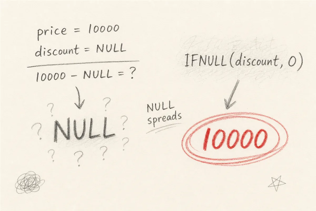 NULL이 섞인 뺄셈 결과가 NULL이 되고 IFNULL로 값을 되살리는 과정을 연필로 적은 메모