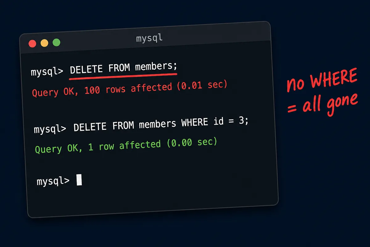 WHERE 없는 DELETE로 100행이 지워지고 WHERE를 붙이면 1행만 지워지는 MySQL 콘솔 화면