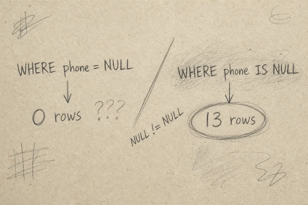 phone = NULL은 0건이고 IS NULL은 13건이 나오는 이유를 연필로 끄적인 스케치